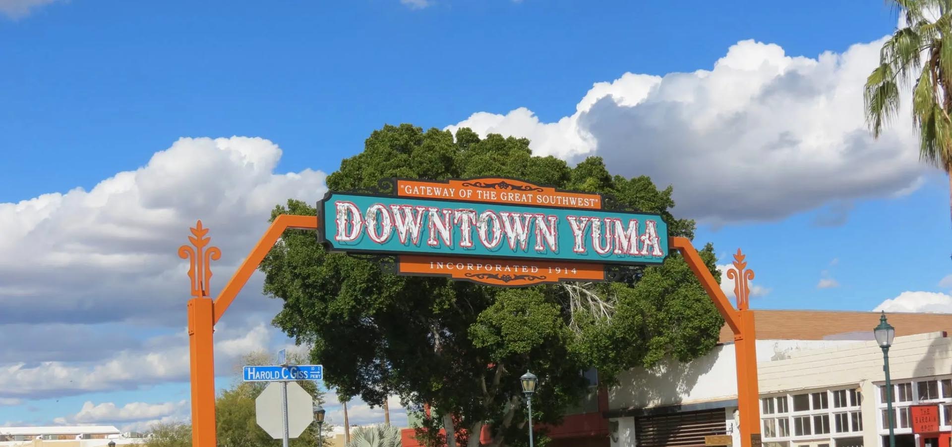 A Neon Sign that reads Downtown Yuma, Gateway of the Great Desert Southwest.